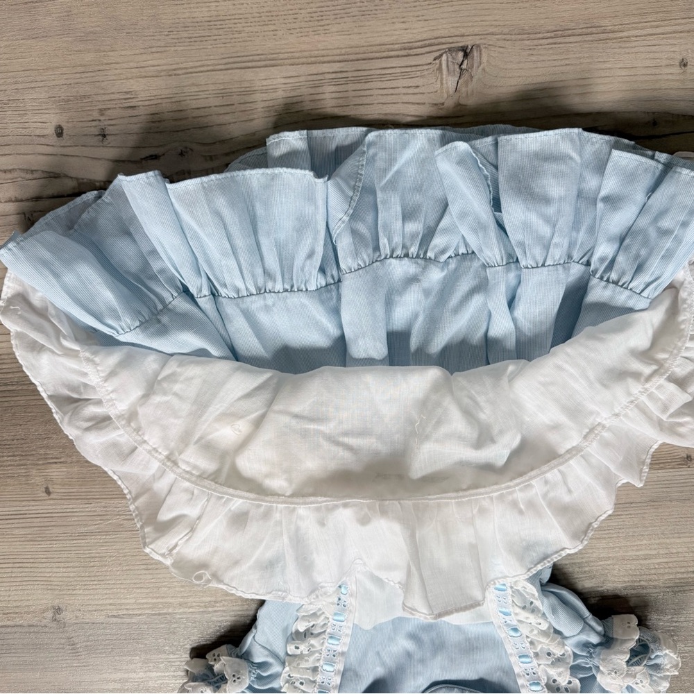 Vintage Bryan Blue and White laced Apron Dress Size 5 USA Made Baby Girl - Picture 3 of 6